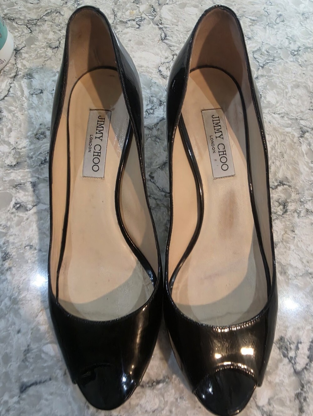 Jimmy Choo Black Patent Leather Peep-Toe Heels